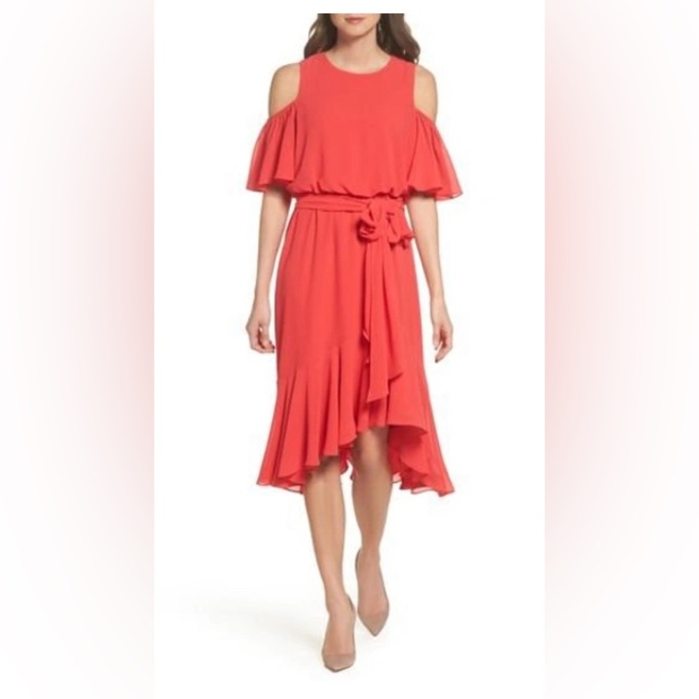 Eliza J Cold Shoulder Party Dress in Poppy (coral).